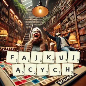 Kreatywna ilustracja do gry w Scrabble ze słowem FAJKUJĄCYCH ułożonym z płytek na planszy.
