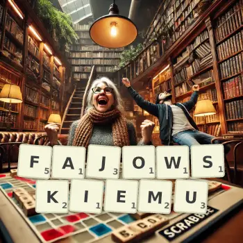 Kreatywna ilustracja do gry w Scrabble ze słowem FAJOWSKIEMU ułożonym z płytek na planszy.