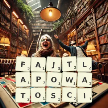 Kreatywna ilustracja do gry w Scrabble ze słowem FAJTLAPOWATOSCI ułożonym z płytek na planszy.