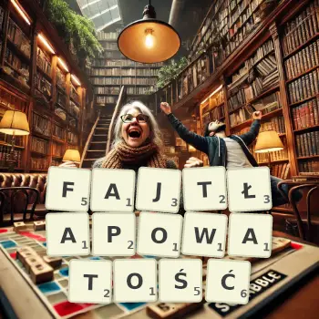 Kreatywna ilustracja do gry w Scrabble ze słowem FAJTŁAPOWATOŚĆ ułożonym z płytek na planszy.