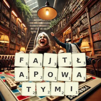 Kreatywna ilustracja do gry w Scrabble ze słowem FAJTŁAPOWATYMI ułożonym z płytek na planszy.
