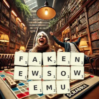 Kreatywna ilustracja do gry w Scrabble ze słowem FAKENEWSOWEMU ułożonym z płytek na planszy.