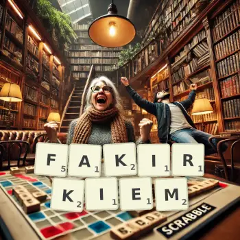 Kreatywna ilustracja do gry w Scrabble ze słowem FAKIRKIEM ułożonym z płytek na planszy.