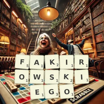 Kreatywna ilustracja do gry w Scrabble ze słowem FAKIROWSKIEGO ułożonym z płytek na planszy.
