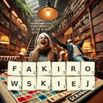 Kreatywna ilustracja do gry w Scrabble ze słowem FAKIROWSKIEJ ułożonym z płytek na planszy.