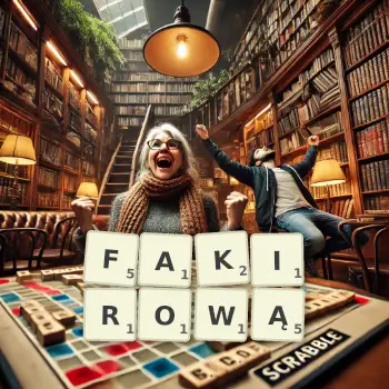 Kreatywna ilustracja do gry w Scrabble ze słowem FAKIROWĄ ułożonym z płytek na planszy.