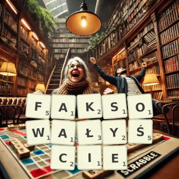 Kreatywna ilustracja do gry w Scrabble ze słowem FAKSOWAŁYŚCIE ułożonym z płytek na planszy.
