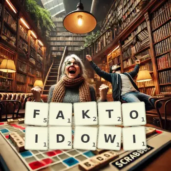 Kreatywna ilustracja do gry w Scrabble ze słowem FAKTOIDOWI ułożonym z płytek na planszy.