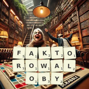 Kreatywna ilustracja do gry w Scrabble ze słowem FAKTOROWALOBY ułożonym z płytek na planszy.