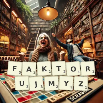 Kreatywna ilustracja do gry w Scrabble ze słowem FAKTORUJMYZ ułożonym z płytek na planszy.