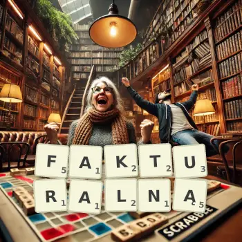 Kreatywna ilustracja do gry w Scrabble ze słowem FAKTURALNĄ ułożonym z płytek na planszy.