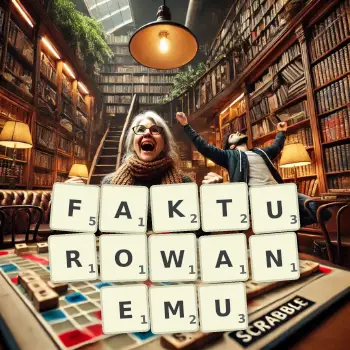 Kreatywna ilustracja do gry w Scrabble ze słowem FAKTUROWANEMU ułożonym z płytek na planszy.