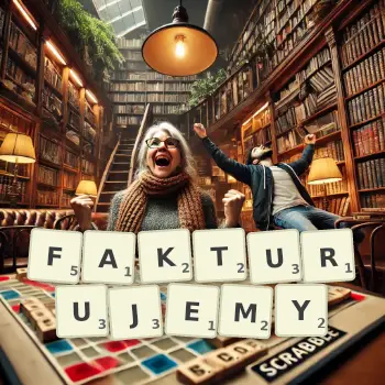Kreatywna ilustracja do gry w Scrabble ze słowem FAKTURUJEMY ułożonym z płytek na planszy.