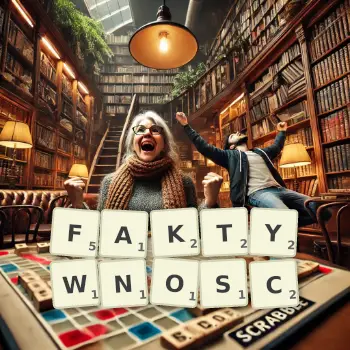 Kreatywna ilustracja do gry w Scrabble ze słowem FAKTYWNOSC ułożonym z płytek na planszy.