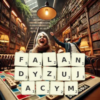 Kreatywna ilustracja do gry w Scrabble ze słowem FALANDYZUJACYM ułożonym z płytek na planszy.
