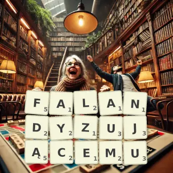 Kreatywna ilustracja do gry w Scrabble ze słowem FALANDYZUJĄCEMU ułożonym z płytek na planszy.