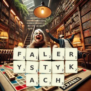 Kreatywna ilustracja do gry w Scrabble ze słowem FALERYSTYKACH ułożonym z płytek na planszy.