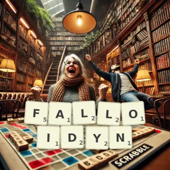 Kreatywna ilustracja do gry w Scrabble ze słowem FALLOIDYN ułożonym z płytek na planszy.