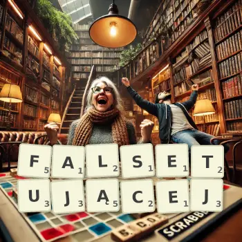 Kreatywna ilustracja do gry w Scrabble ze słowem FALSETUJĄCEJ ułożonym z płytek na planszy.