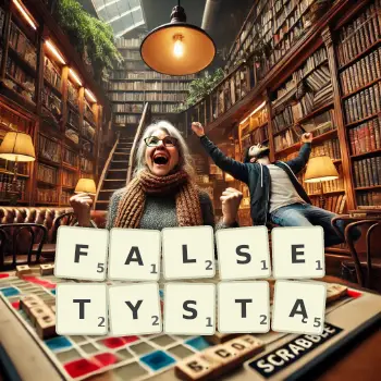 Kreatywna ilustracja do gry w Scrabble ze słowem FALSETYSTĄ ułożonym z płytek na planszy.
