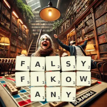 Kreatywna ilustracja do gry w Scrabble ze słowem FALSYFIKOWANY ułożonym z płytek na planszy.