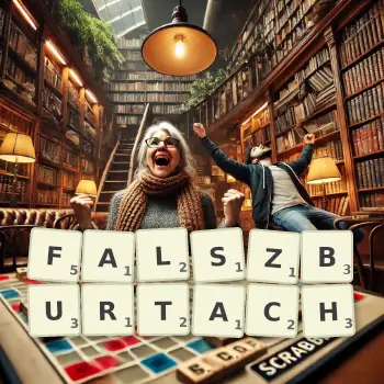Kreatywna ilustracja do gry w Scrabble ze słowem FALSZBURTACH ułożonym z płytek na planszy.