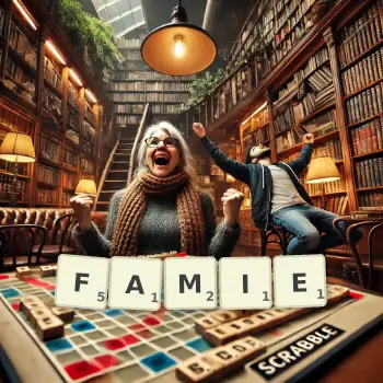 Kreatywna ilustracja do gry w Scrabble ze słowem FAMIE ułożonym z płytek na planszy.