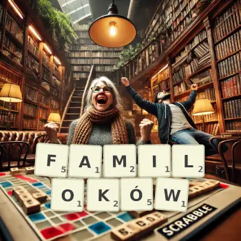 Kreatywna ilustracja do gry w Scrabble ze słowem FAMILOKÓW ułożonym z płytek na planszy.