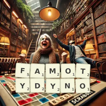 Kreatywna ilustracja do gry w Scrabble ze słowem FAMOTYDYNO ułożonym z płytek na planszy.