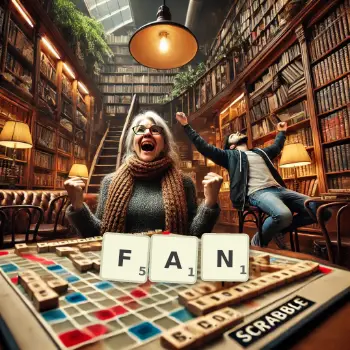 Kreatywna ilustracja do gry w Scrabble ze słowem FAN ułożonym z płytek na planszy.