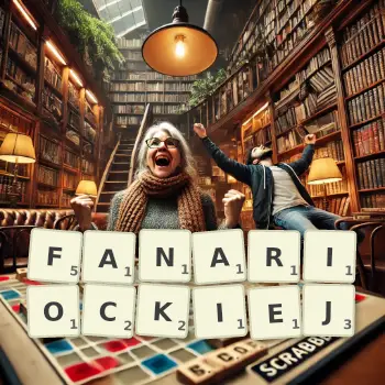 Kreatywna ilustracja do gry w Scrabble ze słowem FANARIOCKIEJ ułożonym z płytek na planszy.