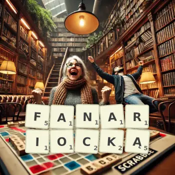Kreatywna ilustracja do gry w Scrabble ze słowem FANARIOCKĄ ułożonym z płytek na planszy.