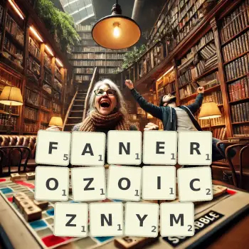 Kreatywna ilustracja do gry w Scrabble ze słowem FANEROZOICZNYM ułożonym z płytek na planszy.