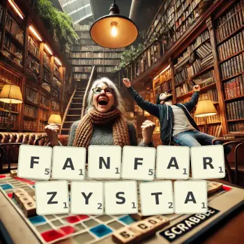 Kreatywna ilustracja do gry w Scrabble ze słowem FANFARZYSTA ułożonym z płytek na planszy.