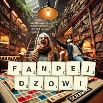 Kreatywna ilustracja do gry w Scrabble ze słowem FANPEJDZOWI ułożonym z płytek na planszy.