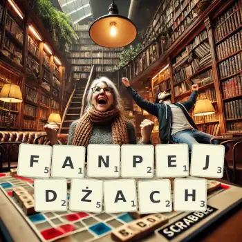 Kreatywna ilustracja do gry w Scrabble ze słowem FANPEJDŻACH ułożonym z płytek na planszy.