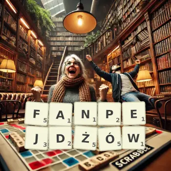 Kreatywna ilustracja do gry w Scrabble ze słowem FANPEJDŻÓW ułożonym z płytek na planszy.