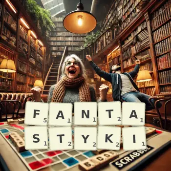 Kreatywna ilustracja do gry w Scrabble ze słowem FANTASTYKI ułożonym z płytek na planszy.