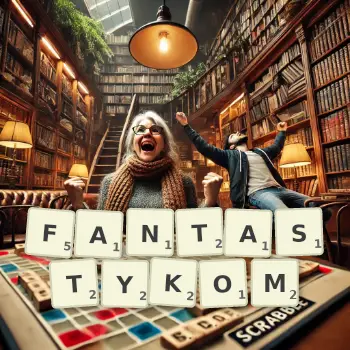 Kreatywna ilustracja do gry w Scrabble ze słowem FANTASTYKOM ułożonym z płytek na planszy.