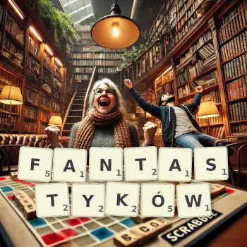 Kreatywna ilustracja do gry w Scrabble ze słowem FANTASTYKÓW ułożonym z płytek na planszy.
