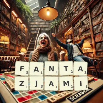 Kreatywna ilustracja do gry w Scrabble ze słowem FANTAZJAMI ułożonym z płytek na planszy.