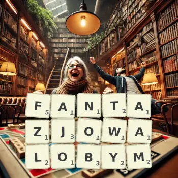 Kreatywna ilustracja do gry w Scrabble ze słowem FANTAZJOWALOBYM ułożonym z płytek na planszy.