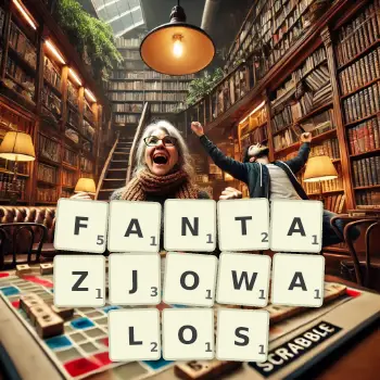 Kreatywna ilustracja do gry w Scrabble ze słowem FANTAZJOWALOS ułożonym z płytek na planszy.