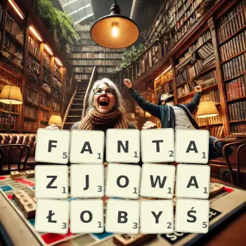 Kreatywna ilustracja do gry w Scrabble ze słowem FANTAZJOWAŁOBYŚ ułożonym z płytek na planszy.