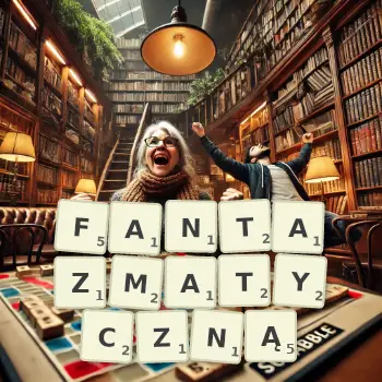 Kreatywna ilustracja do gry w Scrabble ze słowem FANTAZMATYCZNĄ ułożonym z płytek na planszy.