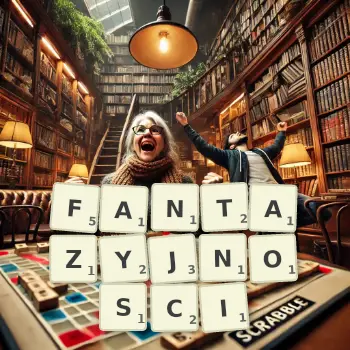 Kreatywna ilustracja do gry w Scrabble ze słowem FANTAZYJNOSCI ułożonym z płytek na planszy.