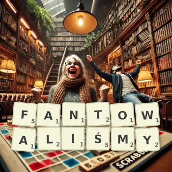 Kreatywna ilustracja do gry w Scrabble ze słowem FANTOWALIŚMY ułożonym z płytek na planszy.
