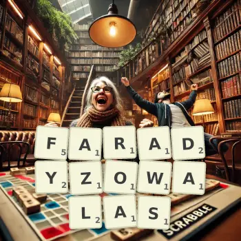Kreatywna ilustracja do gry w Scrabble ze słowem FARADYZOWALAS ułożonym z płytek na planszy.