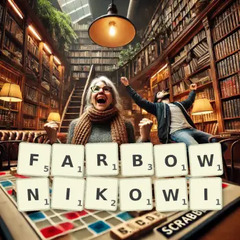 Kreatywna ilustracja do gry w Scrabble ze słowem FARBOWNIKOWI ułożonym z płytek na planszy.