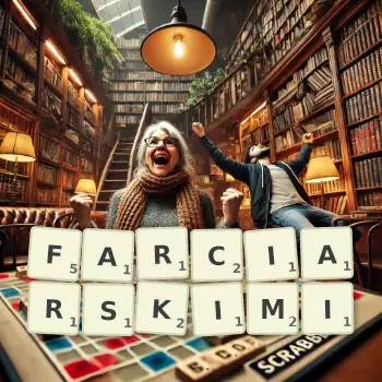 Kreatywna ilustracja do gry w Scrabble ze słowem FARCIARSKIMI ułożonym z płytek na planszy.